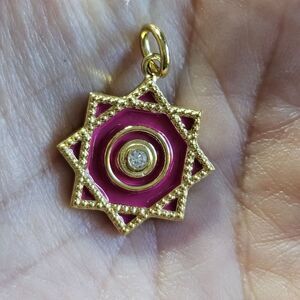 Shen Yun 14k Gold Plated Twirling Hankerchief Pendant Pink Enamel Clear Rhines